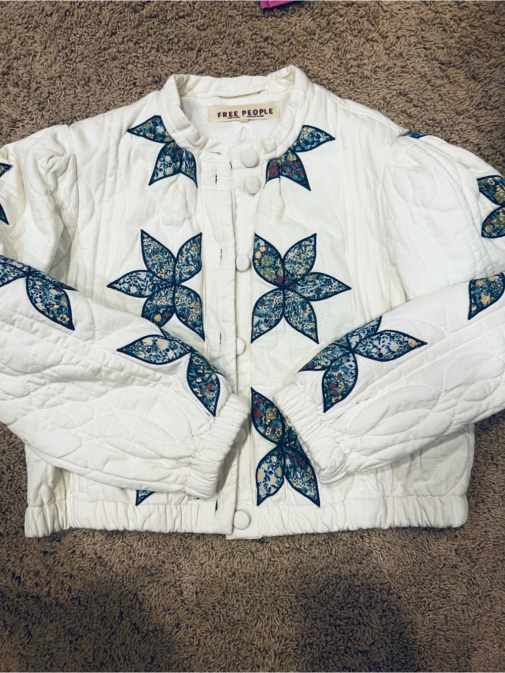Free People White Quilted Jacket with Blue Floral Patchwork Stars